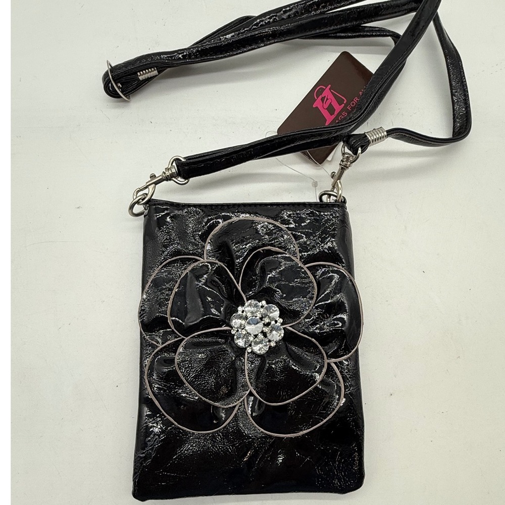 Black Patent Faux Leather Clutch Wallet Flower Rhinestone Strap funky‎ flare